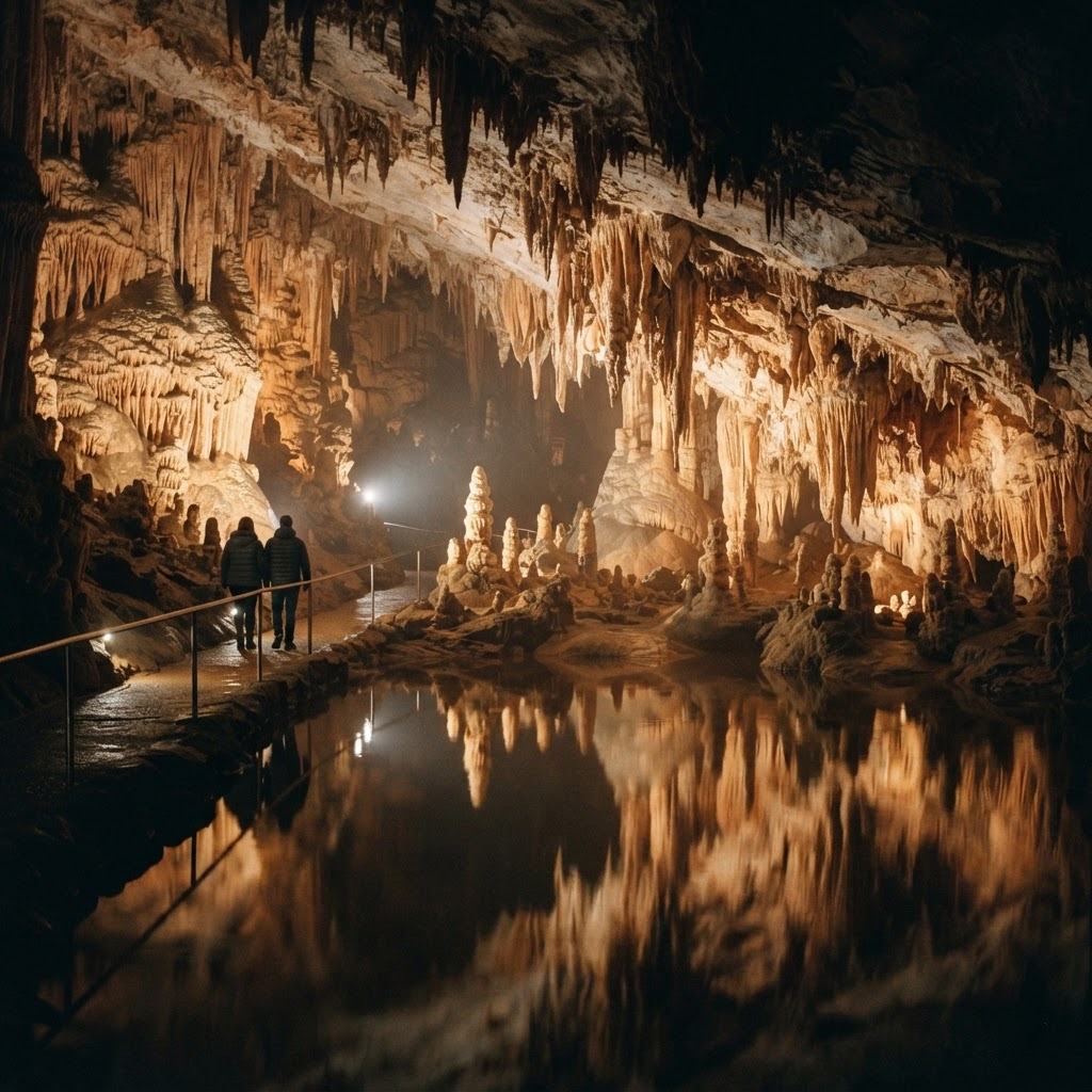 Illuminated limestone formations inside Buchan Caves