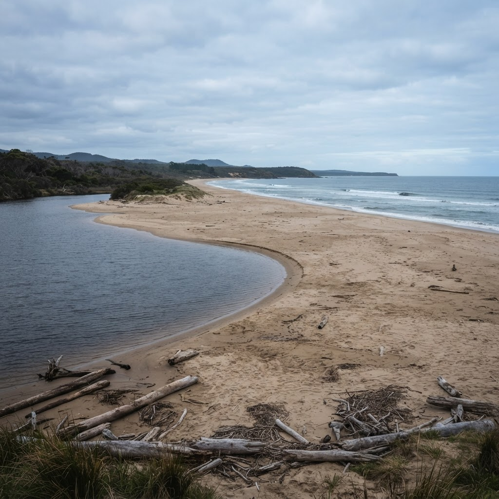 Wide empty sandy beach at Marlo where the Snowy River meets the ocean